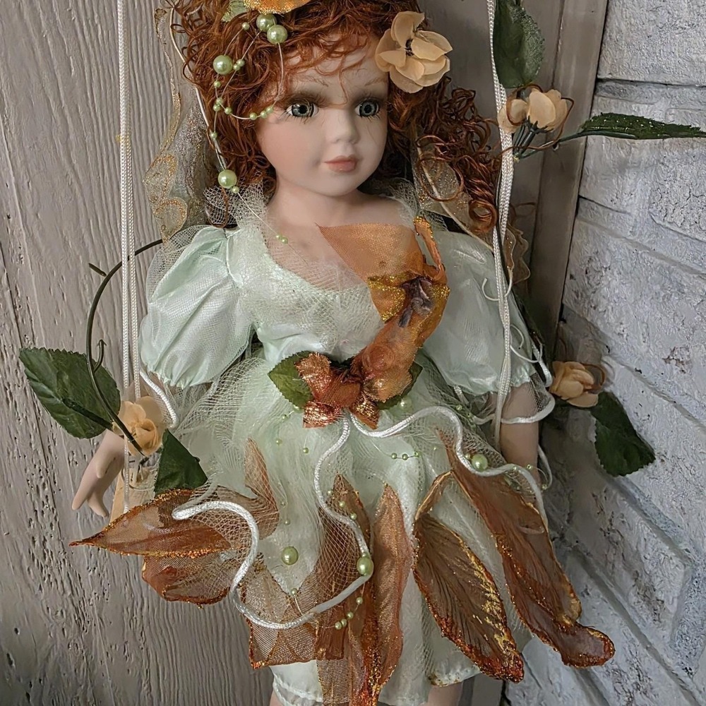 Cathay Collection‎ #1104 Porcelain Doll Fairy On Swing Red Hair Irish Green Eyes